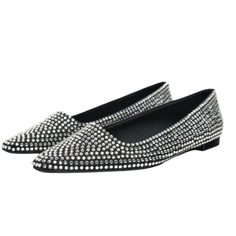 New Zara Black Embellished Ballet Flats Silver Studs Pointed Toe Cushion Sole